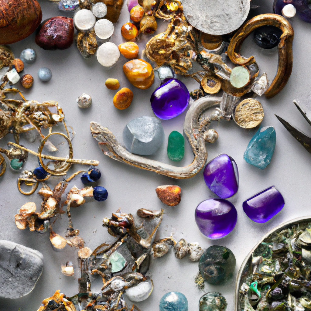 Flatlay of ethically sourced gemstones and recycled metals